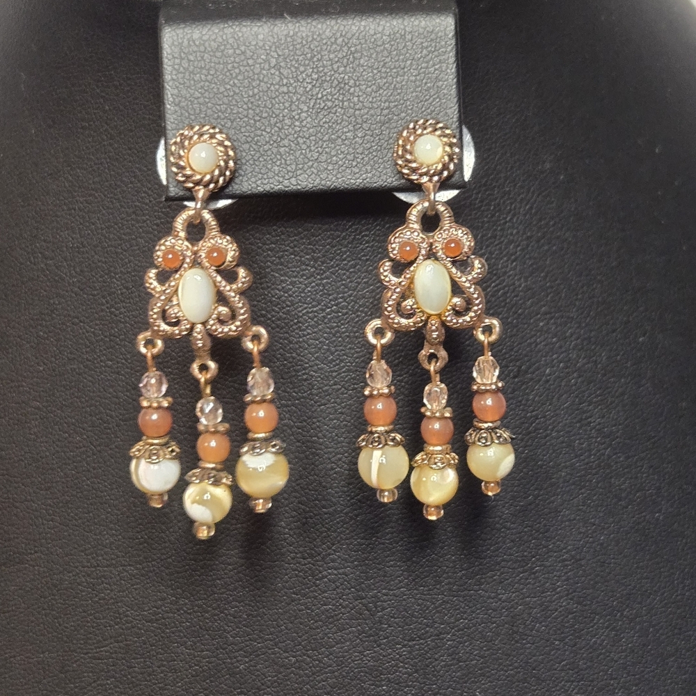 Signed Vintage RJ GRAZIANO Chandelier Earrings Earth Tone Beading 1980s